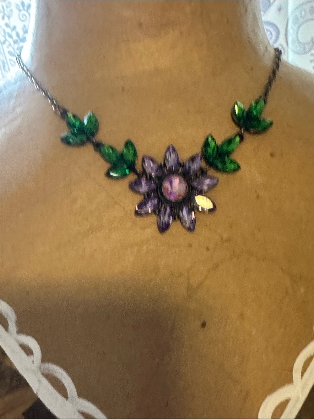 Purple Flower Statement Necklace with Green Leaf Accents